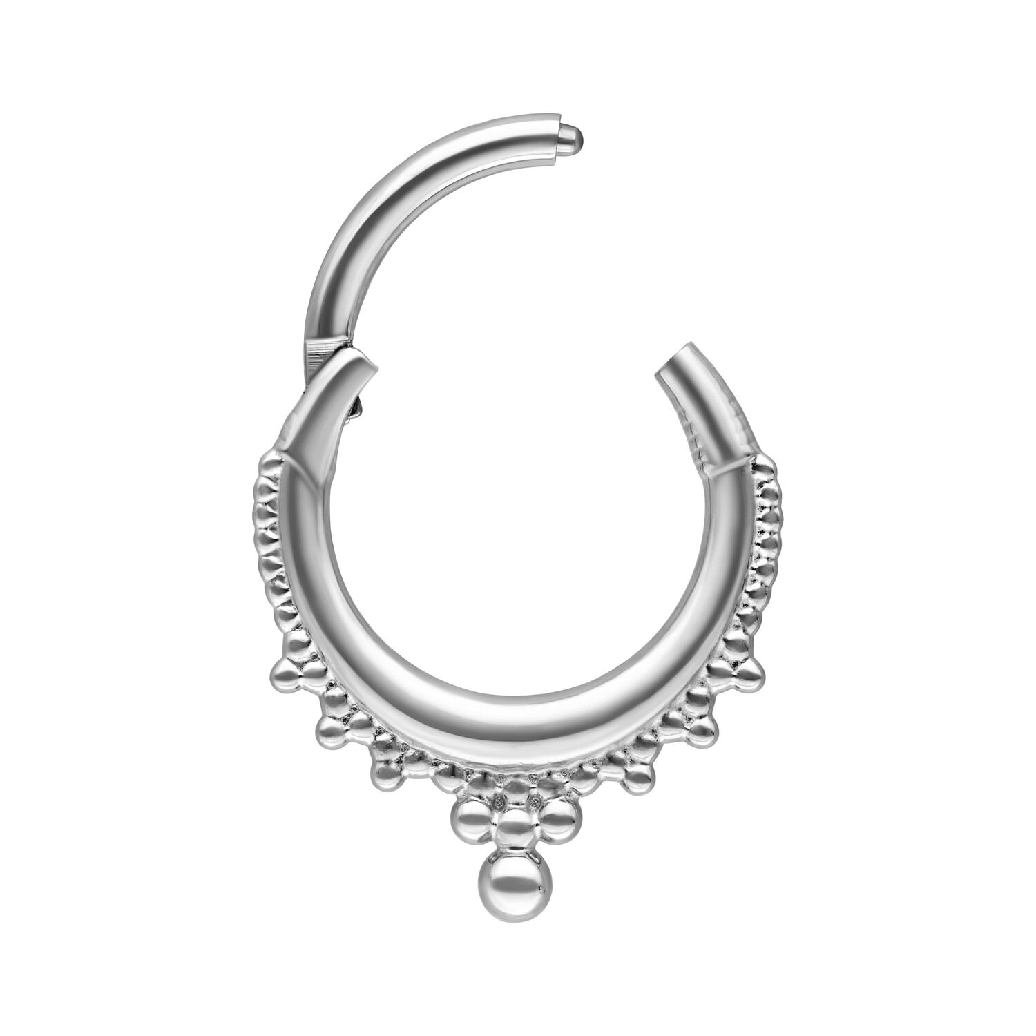 Hopeinen Crown Clicker -lävistysrengas helmiyksityiskohdilla valkoisella taustalla