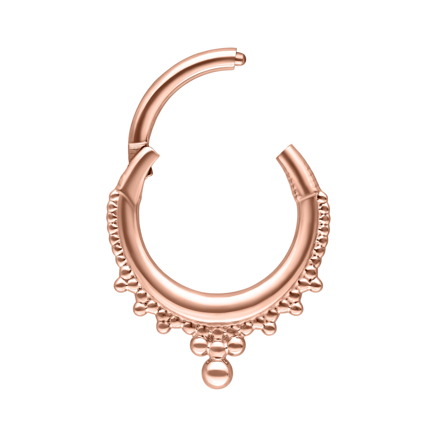 Ruusukultainen Crown Clicker -korupiercing, 8mm sisähalkaisija, valkoisella taustalla