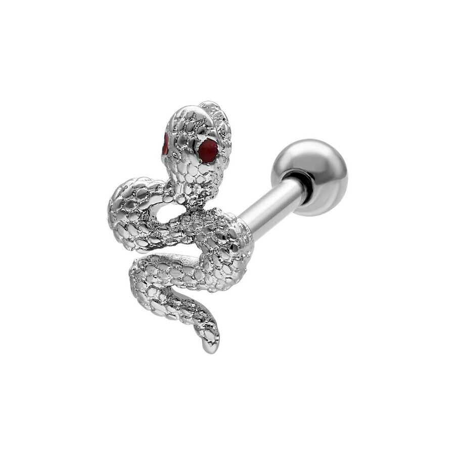 Hopeanvärinen Snake Barbell käärmekuviolla ja punaisella yksityiskohdalla valkoisella taustalla