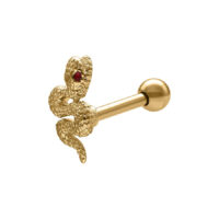 Kultainen barbell käärmeen muodossa punaisella silmällä valkoisella taustalla