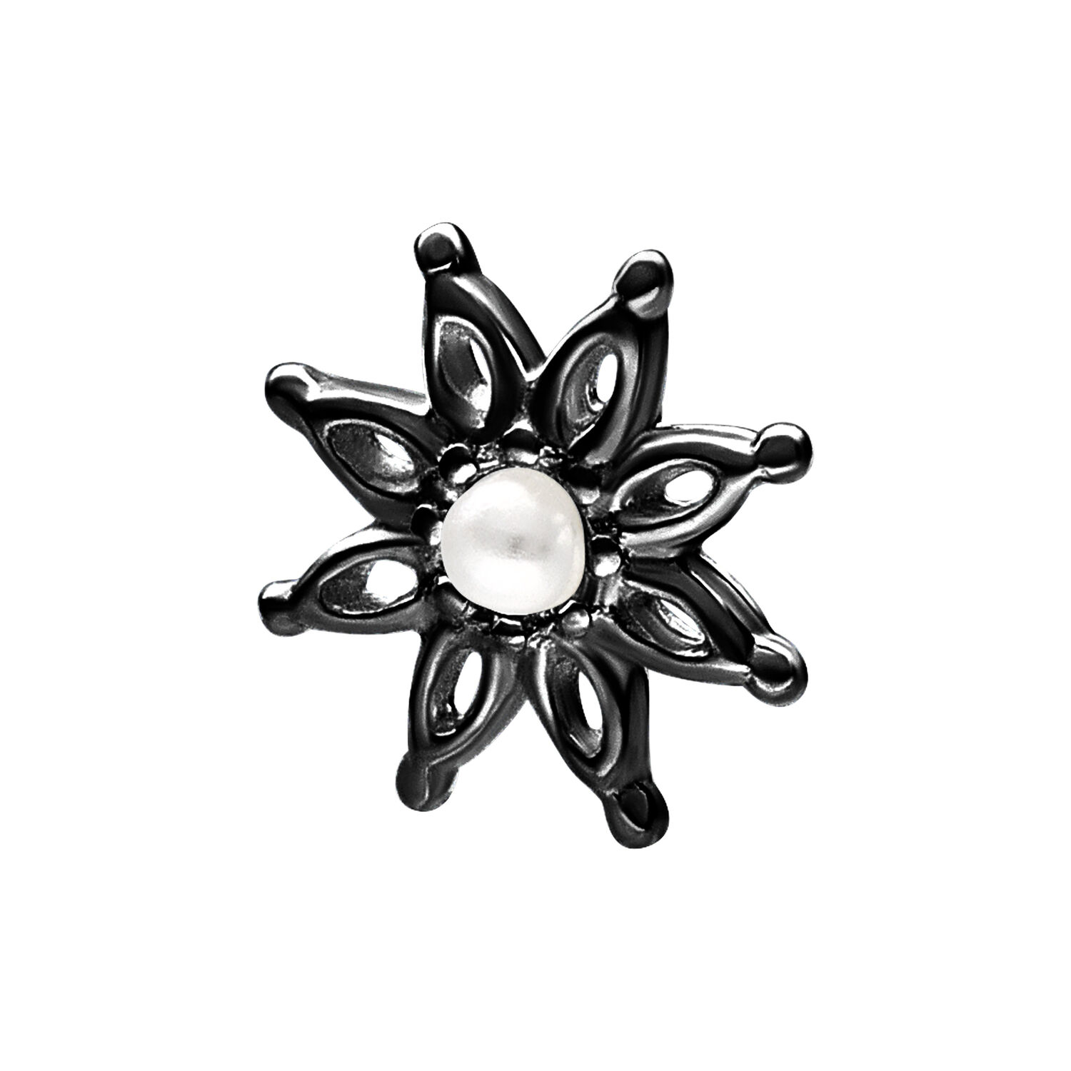 Musta Bloom -lisäosa Push Fit -lävistykseen Musta Push Fit Bloom -lisäosa helmikoristeilla valkoisella taustalla