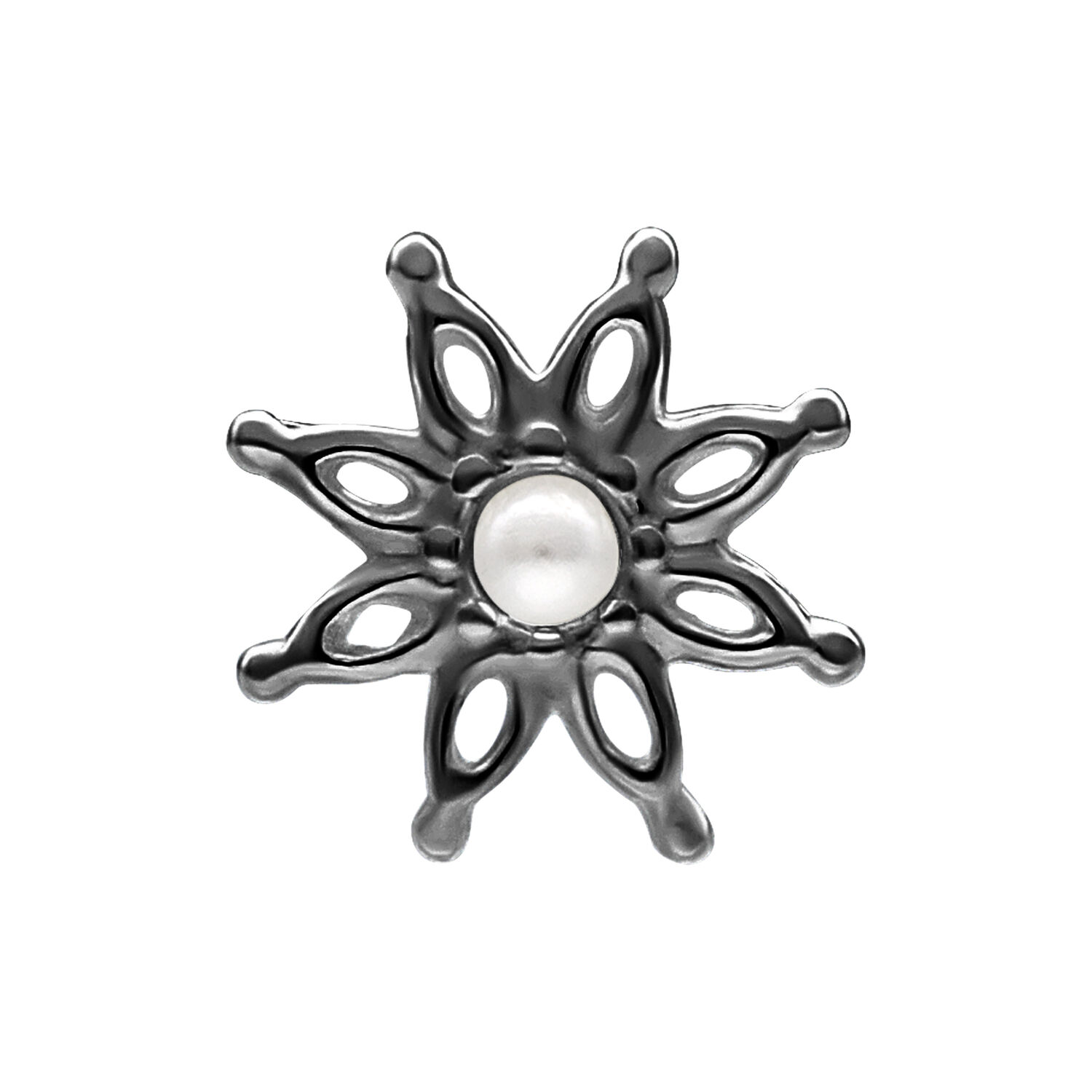 Musta Push Fit Bloom -lisäosa helmellä Musta Bloom -lisäosa hopeasta, keskellä helmi valkoisella taustalla