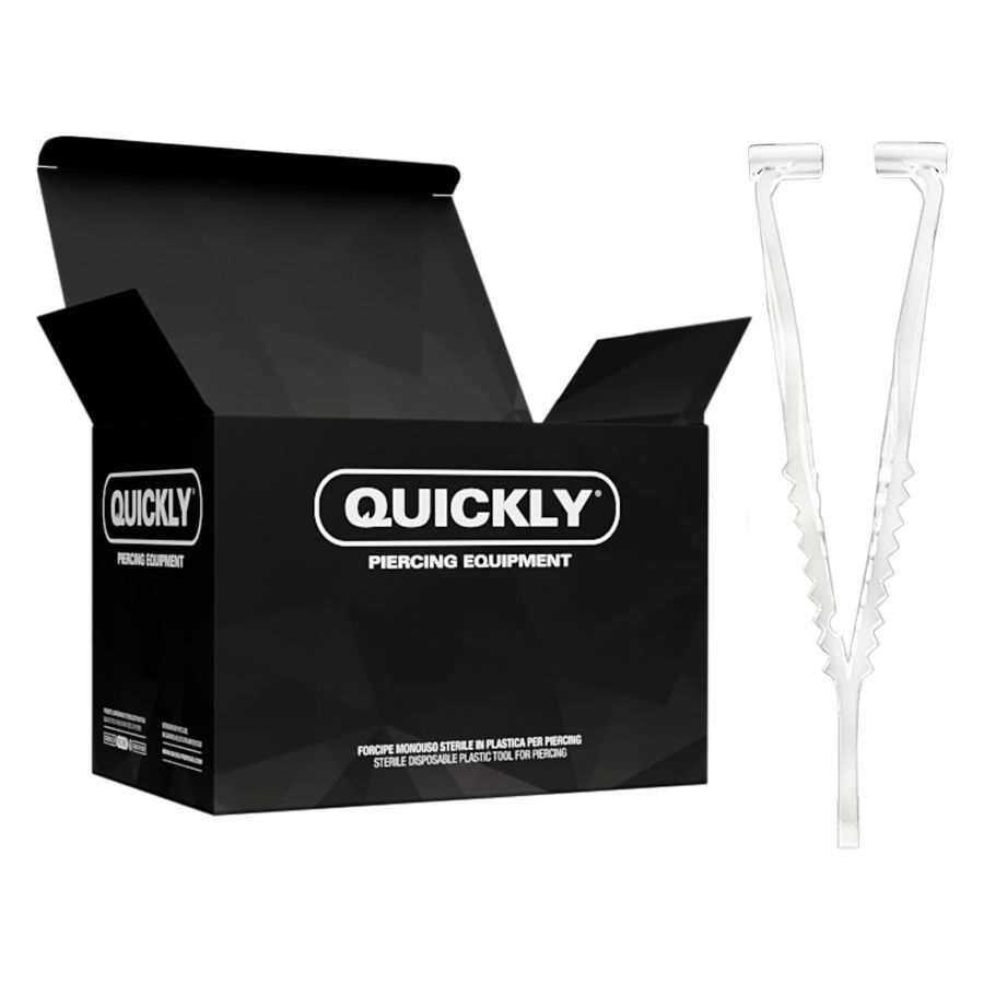 Steriloidut kertakäyttöiset pinsetit septumille Läpinäkyvä kertakäyttöpinsetti ja musta laatikko Quickly-logolla valkoisella taustalla