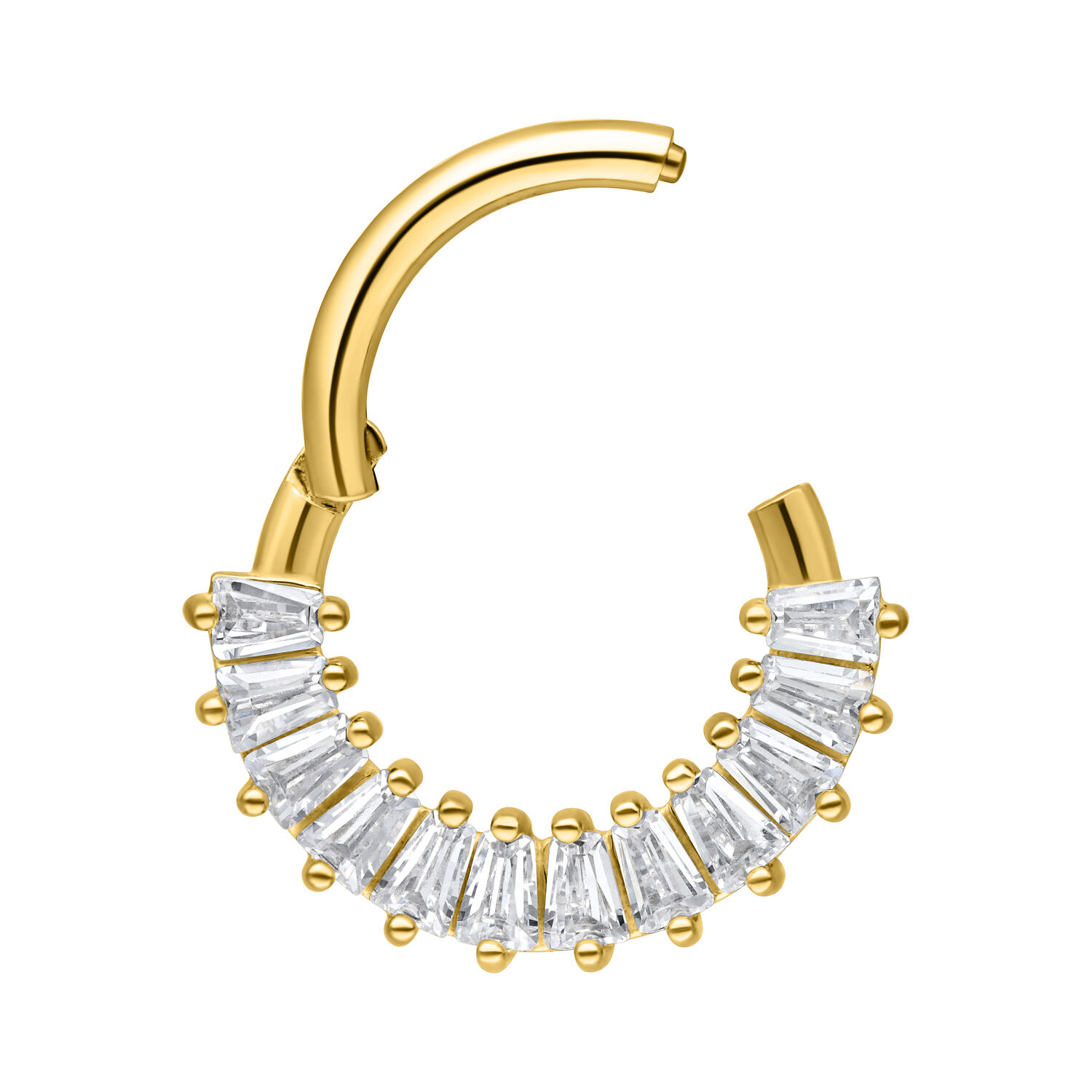 Kultainen septum clicker kirkkailla kristalleilla valkoisella taustalla