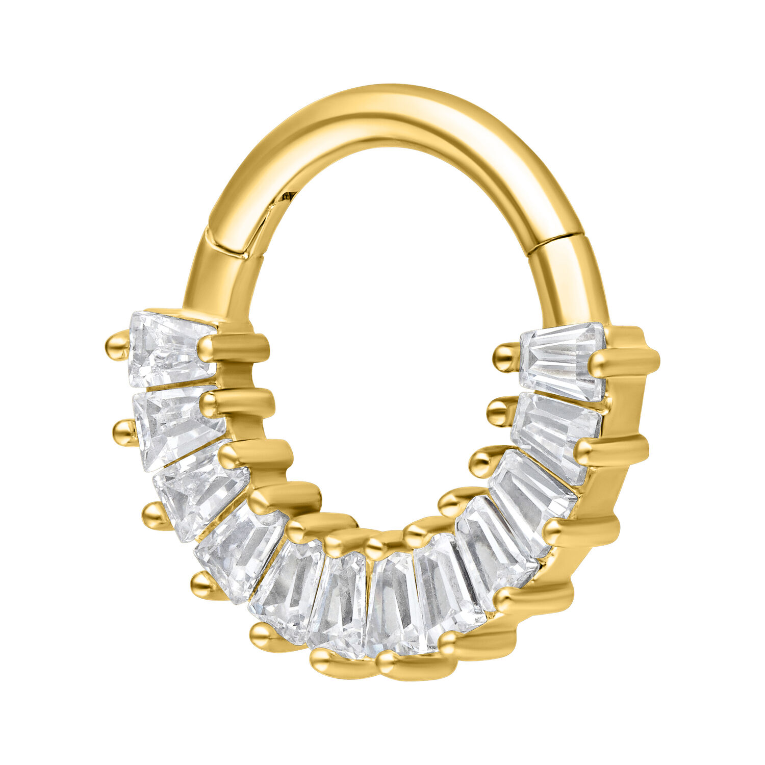 Kultainen septum clicker kirkkailla kristalleilla valkoisella taustalla