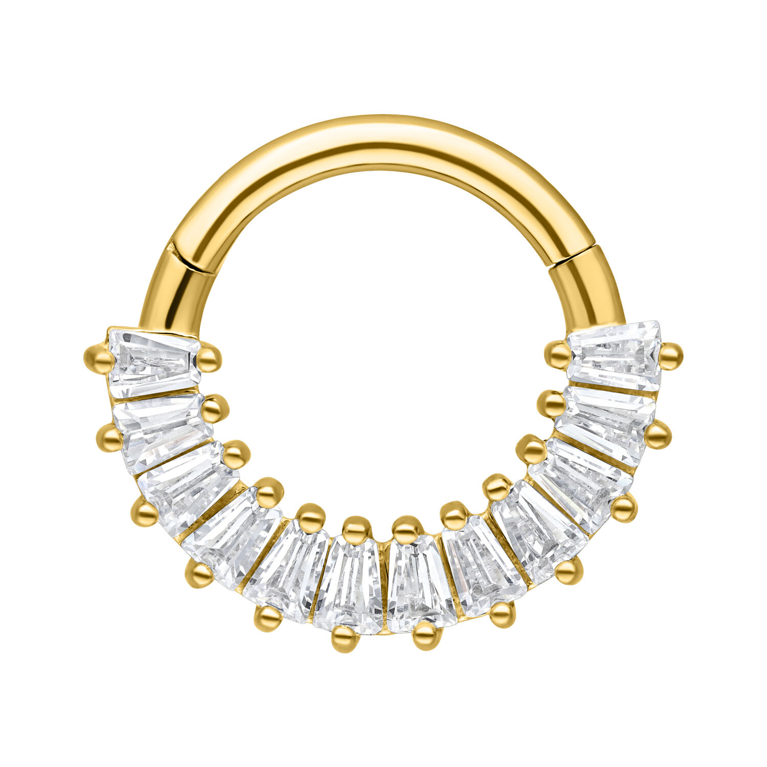 Kultainen septum clicker kirurginteräksestä kirkkailla kristalleilla valkoisella taustalla