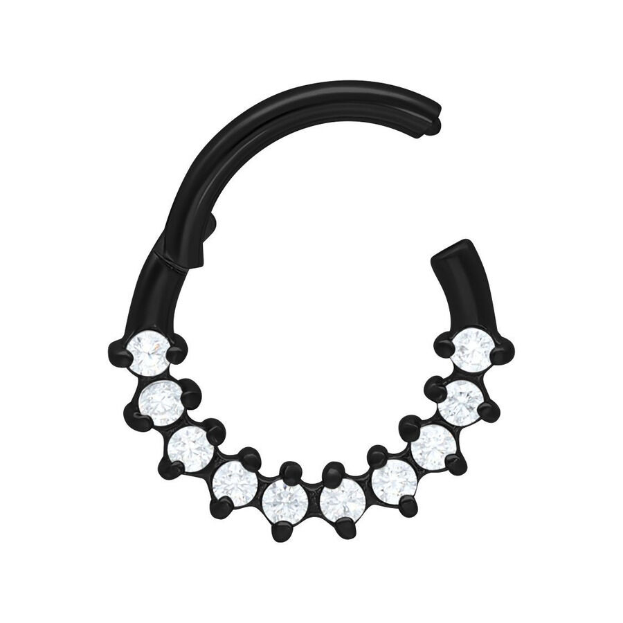 Musta septum clicker kirurginteräksestä kirkkailla kristalleilla valkoisella taustalla