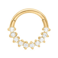 Glamorous Septum Clicker kultaisesta metallista, jossa kirkkaita kristalleja valkoisella taustalla