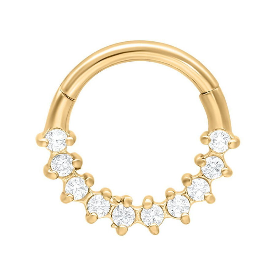 Glamorous Septum Clicker kultaisesta metallista, jossa kirkkaita kristalleja valkoisella taustalla