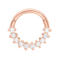 Tyylikäs ruusukultainen septum-clicker, jossa on kirkkaita kristalleja valkoisella taustalla