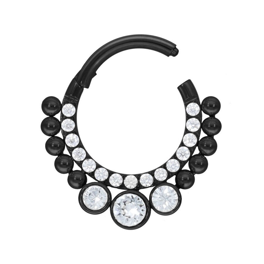 Musta Septum Clicker kirkkailla kristalleilla valkoisella taustalla