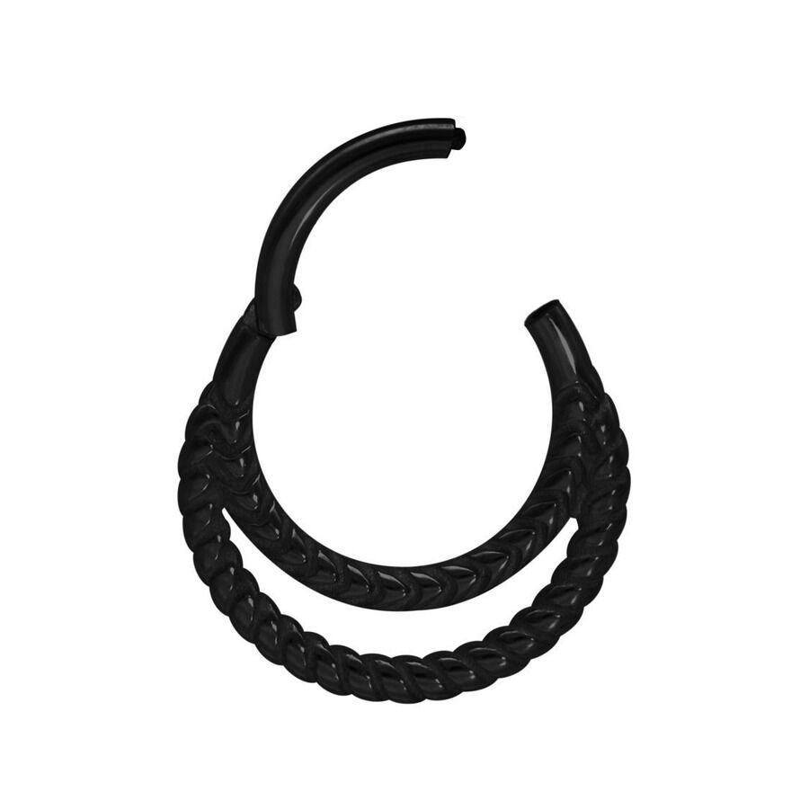 Musta Double Twisted Clicker kirurginteräksestä valkoisella taustalla