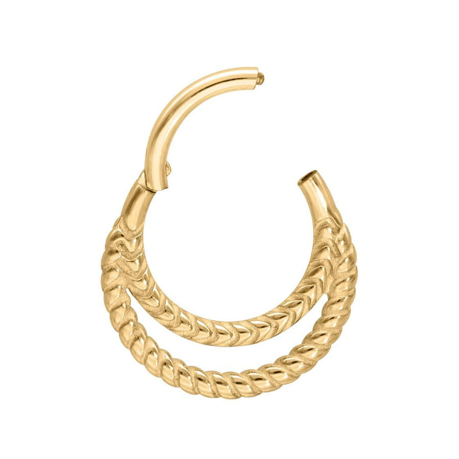 Kultainen Double Twisted Clicker -lävistyskoru valkoisella taustalla