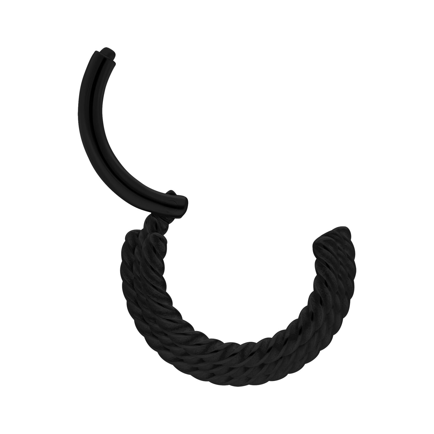 Musta Clicker kierretyillä köysillä Musta septum clicker, jossa kolme kierrettyä köyttä valkoisella taustalla