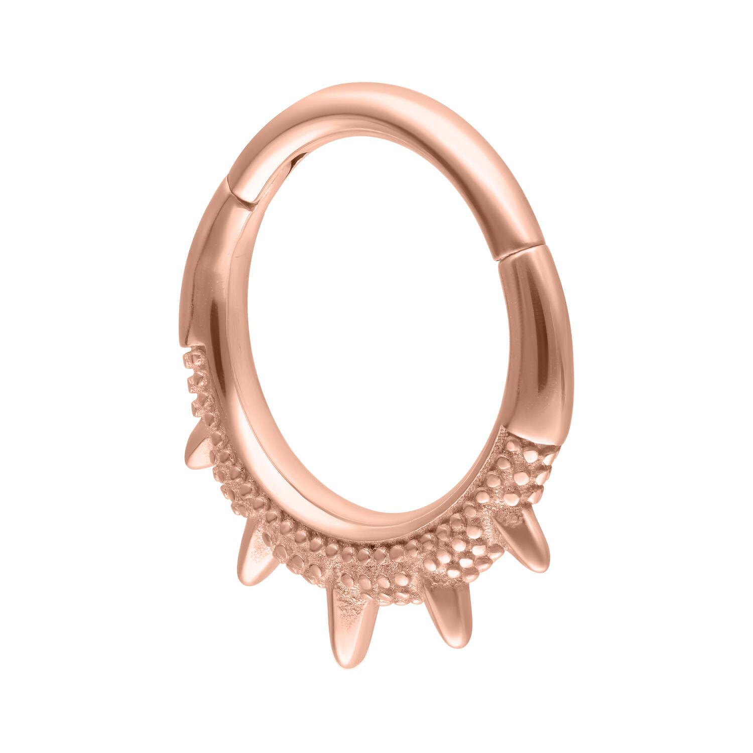 Ruusukultainen septum clicker itämaisilla piikeillä valkoisella taustalla