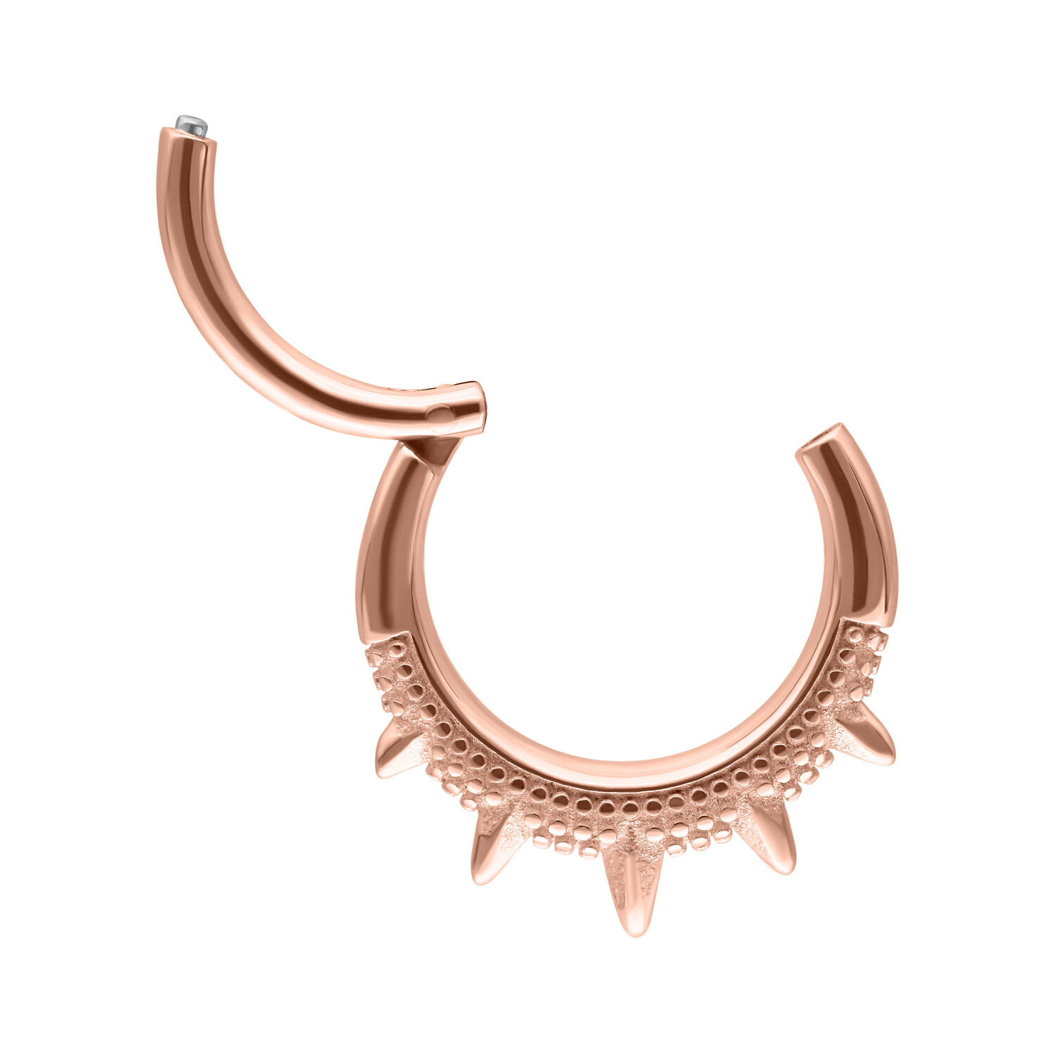 Ruusukultainen septum clicker piikeillä valkoisella taustalla