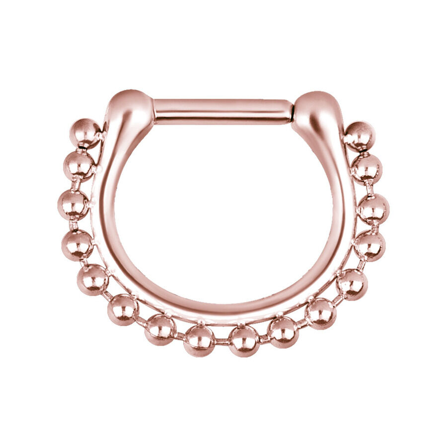 Ruusuinen septum-clicker ketjukuviolla Ruusuinen septum-clicker kirurginteräksestä ketjukuviolla valkoisella taustalla