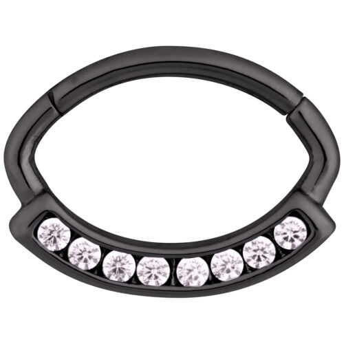 Schwarzer Channel Hinged Ring mit klaren Kristallen auf weißem Hintergrund
