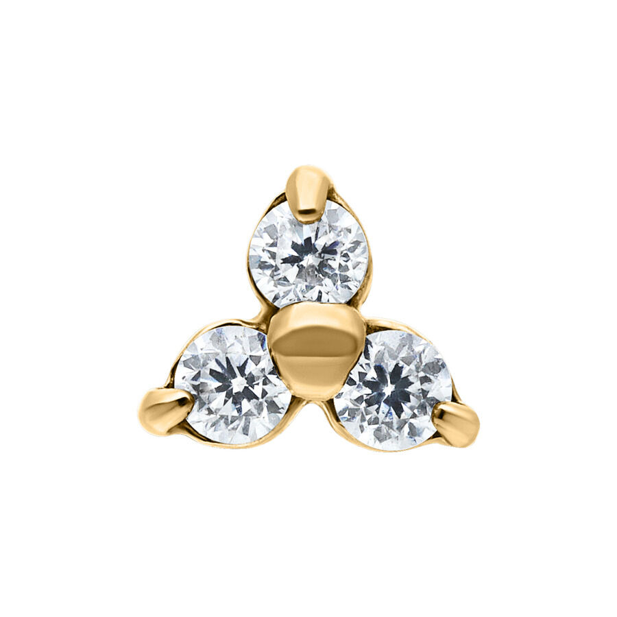 Kultainen dermal-lisäosa, jossa kolme kirkasta kristallia valkoisella taustalla