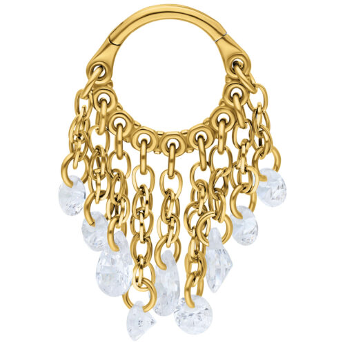 Goldener Piercing Clicker mit kristallklaren Anhängern auf weißem Hintergrund