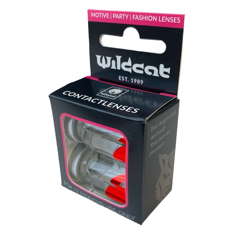 Wildcat Red Eye Kontaktlinsen Box Schwarze Wildcat-Verpackung mit roten Kontaktlinsen im Inneren