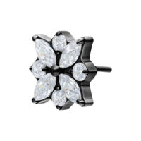 Musta Push Fit -lisäosa kristallinkirkkailla kukilla valkoisella taustalla