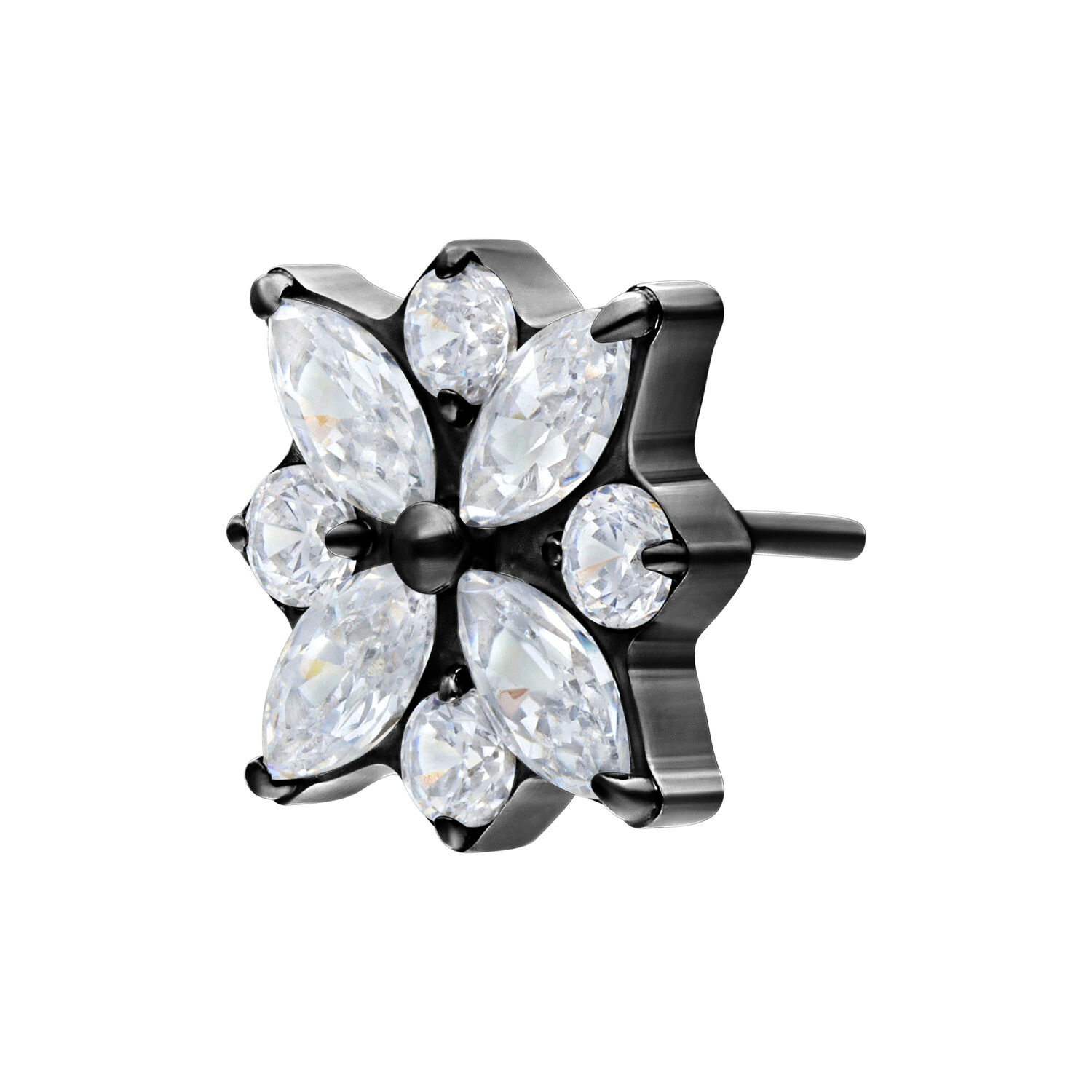 Musta Push Fit -lisäosa kristallinkirkkailla kukilla valkoisella taustalla