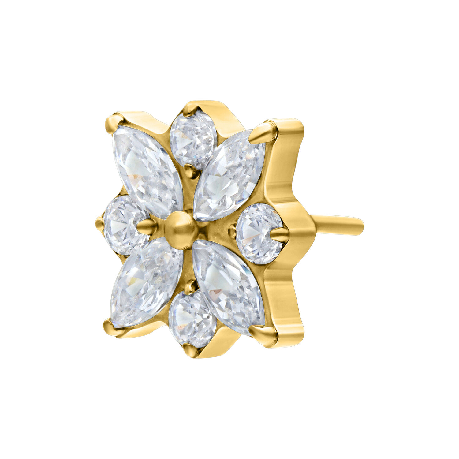 Kultainen metallilisäosa, jossa kristallinkirkkaat kivet kukkamuodossa