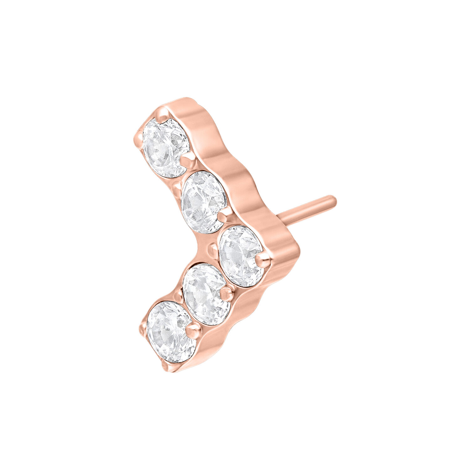 Ruusuinen V-muotoinen lisäosa viidellä kirkkaalla kristallilla valkoisella taustalla