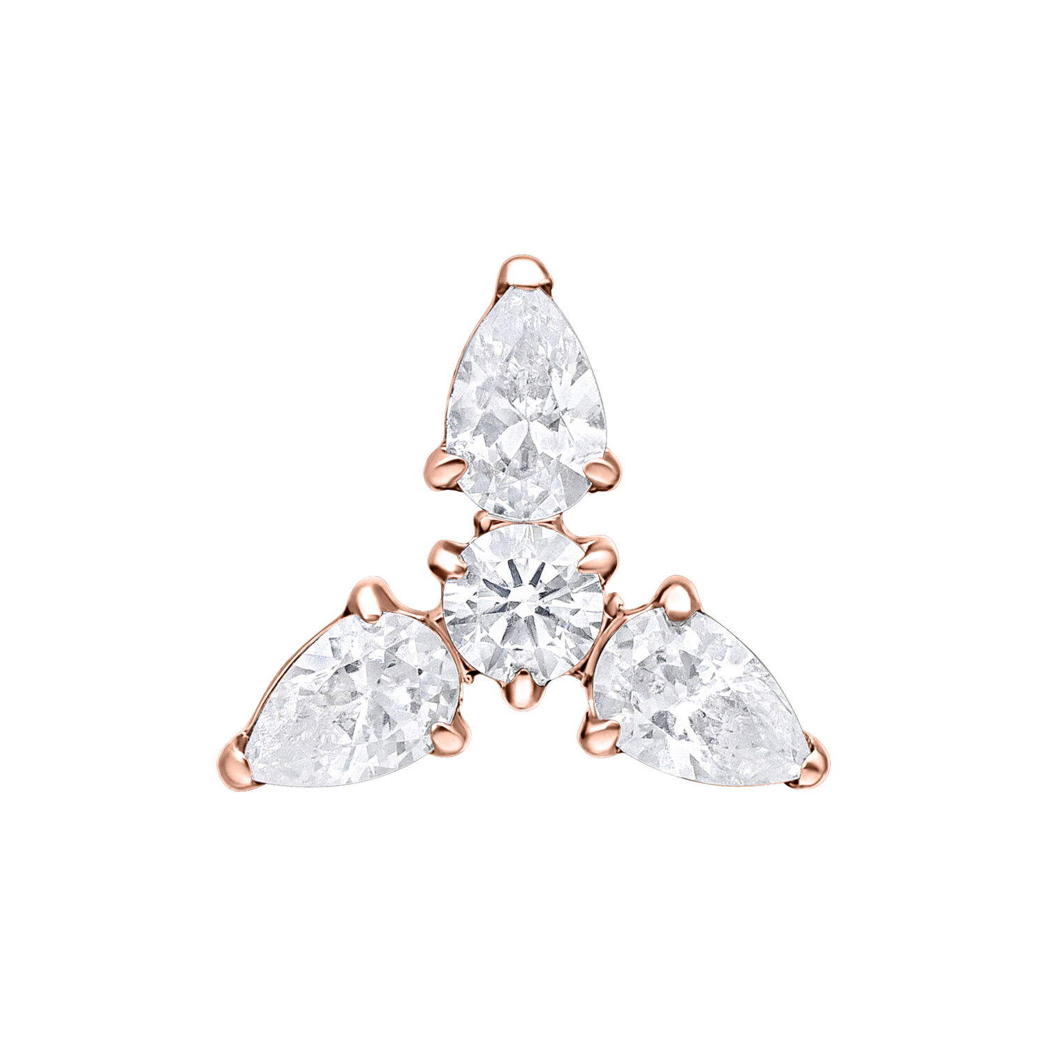 Trinity-pääosa titaanista ruusukullassa, jossa kolme kirkasta kristallia valkoisella taustalla