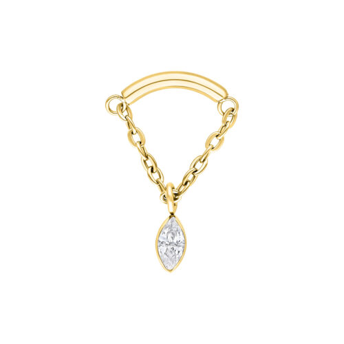 Kultainen lävistyslisäosa kirkkaalla kristallilla ja ketjuelementeillä