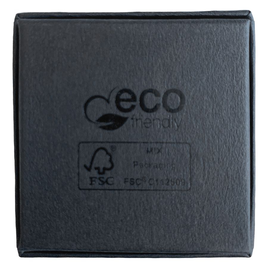 Schwarze Schmuckbox aus Pappe mit Wildcat-Logo und eco-friendly Aufdruck