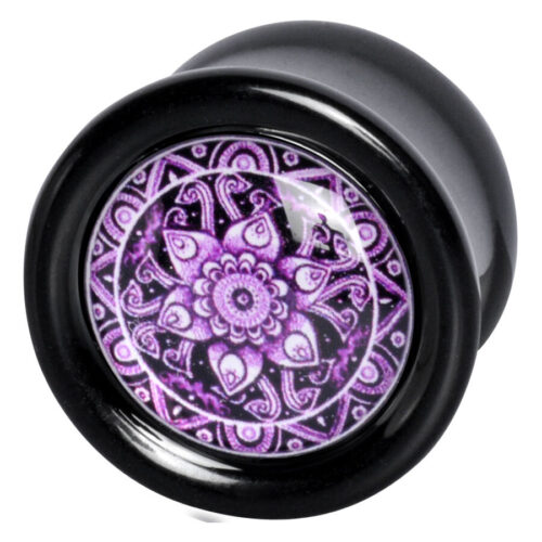 Schwarzer Dreamer Plug mit violettem Mandala-Design auf weißem Hintergrund