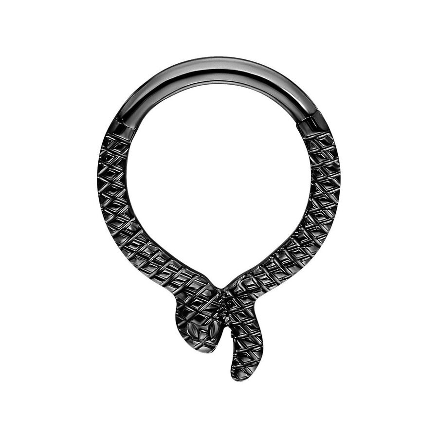 Musta Serpentes Clicker titaanista Musta Serpentes Clicker titaanista käärmekuviolla valkoisella taustalla