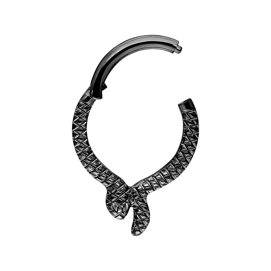 Musta Serpentes Clicker -lävistys Musta titaaninen Clicker-lävistys käärmekuviolla valkoisella taustalla