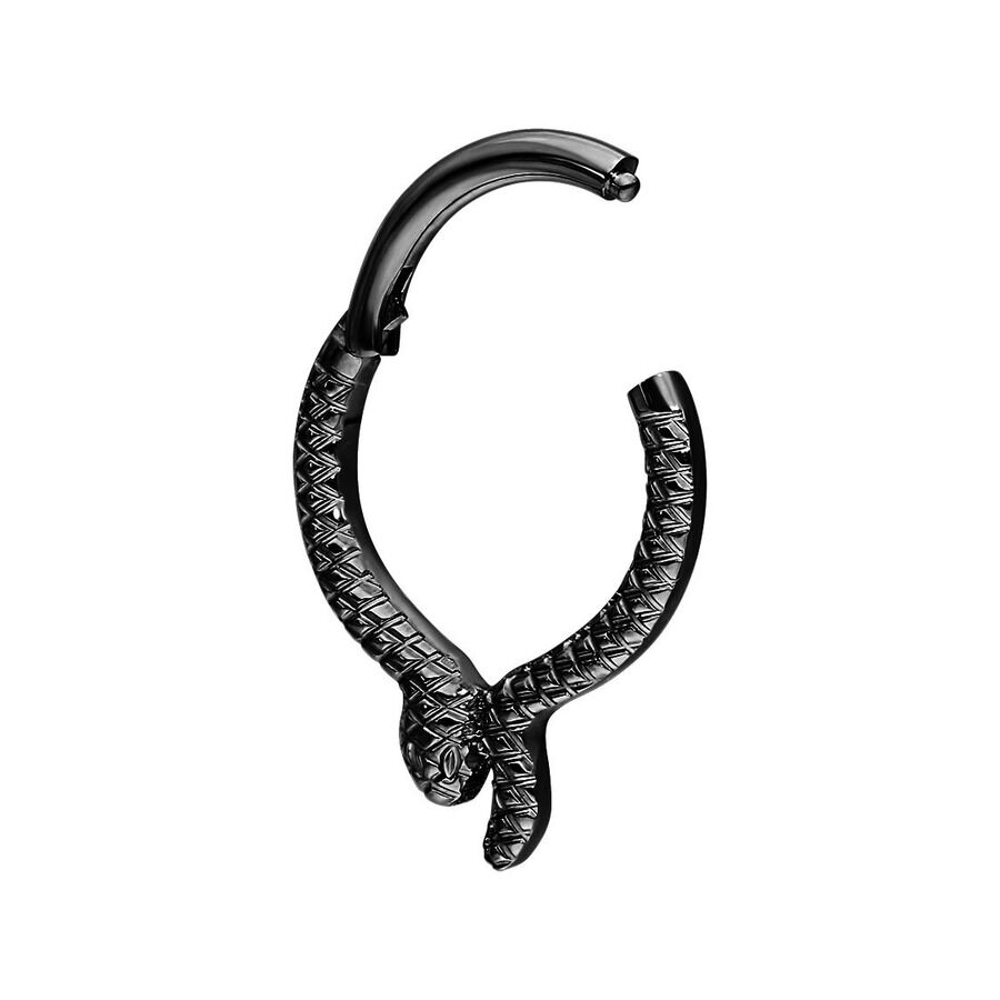 Serpentes Clicker Musta Titaani Lävistys Musta Serpentes Clicker titaanista, käärmekuviolla valkoisella taustalla