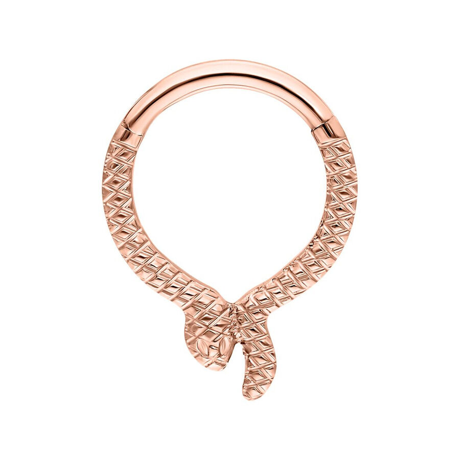 Ruusukultainen Serpentes Clicker -lävistys käärmeen muodossa valkoisella taustalla