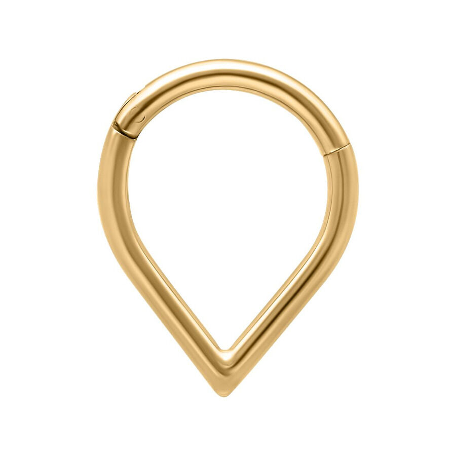 Kultainen Teardrop Clicker -lävistysrengas titaanista valkoisella taustalla