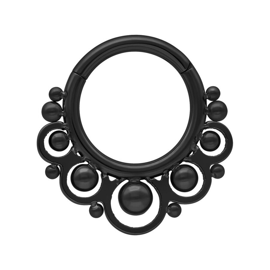 Musta Temple Clicker -lävistysrengas 8mm Musta titaaninen clicker-rengas pallokoristeilla valkoisella taustalla