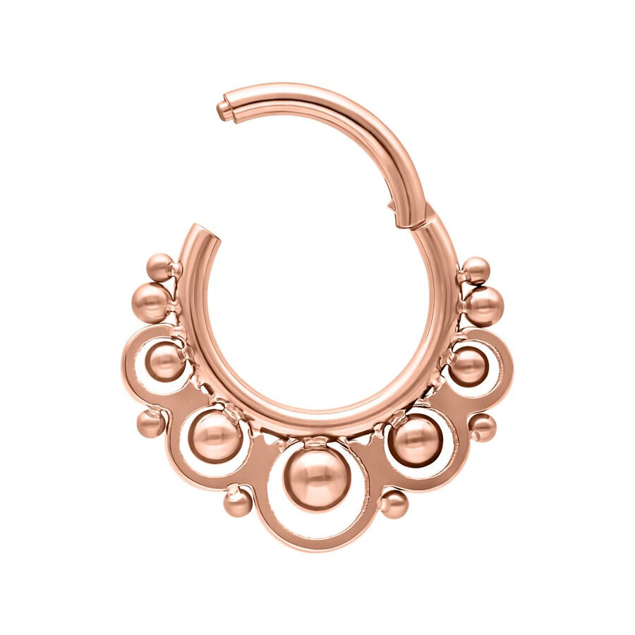 Ruusukultainen Temple Clicker -lävistys pallokoristeilla valkoisella taustalla