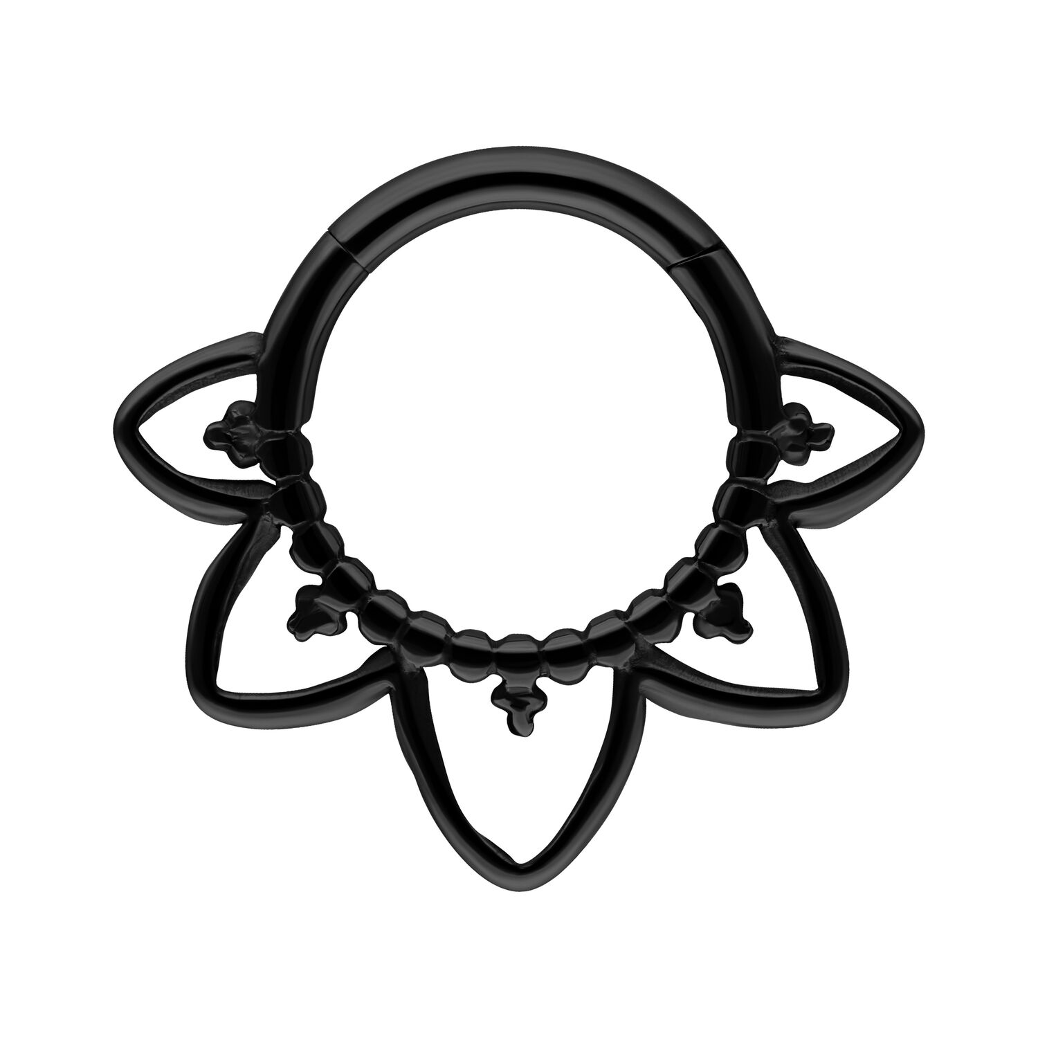 Musta itämainen septum-klickeri titaanista, hienostunut muotoilu valkoisella taustalla