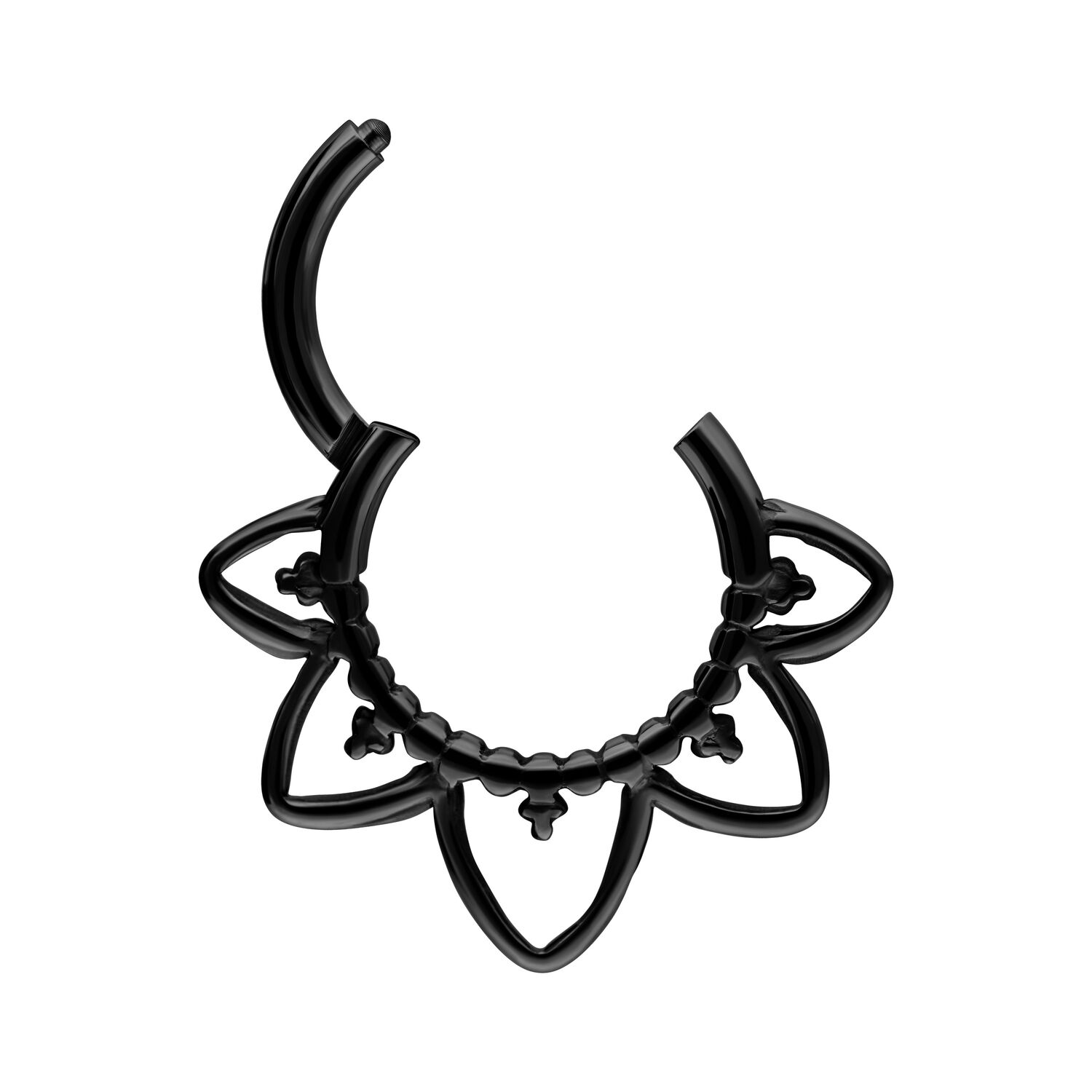 Musta septum-klickeri titaanista itämaisella designilla valkoisella taustalla
