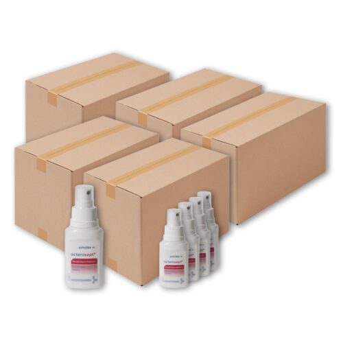 Useita octenisept haavadesinfiointipulloja ruskeiden laatikoiden edessä