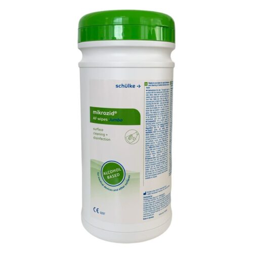 Suuri valkoinen desinfiointipyyhepakkaus vihreällä kannella valkoisella taustalla