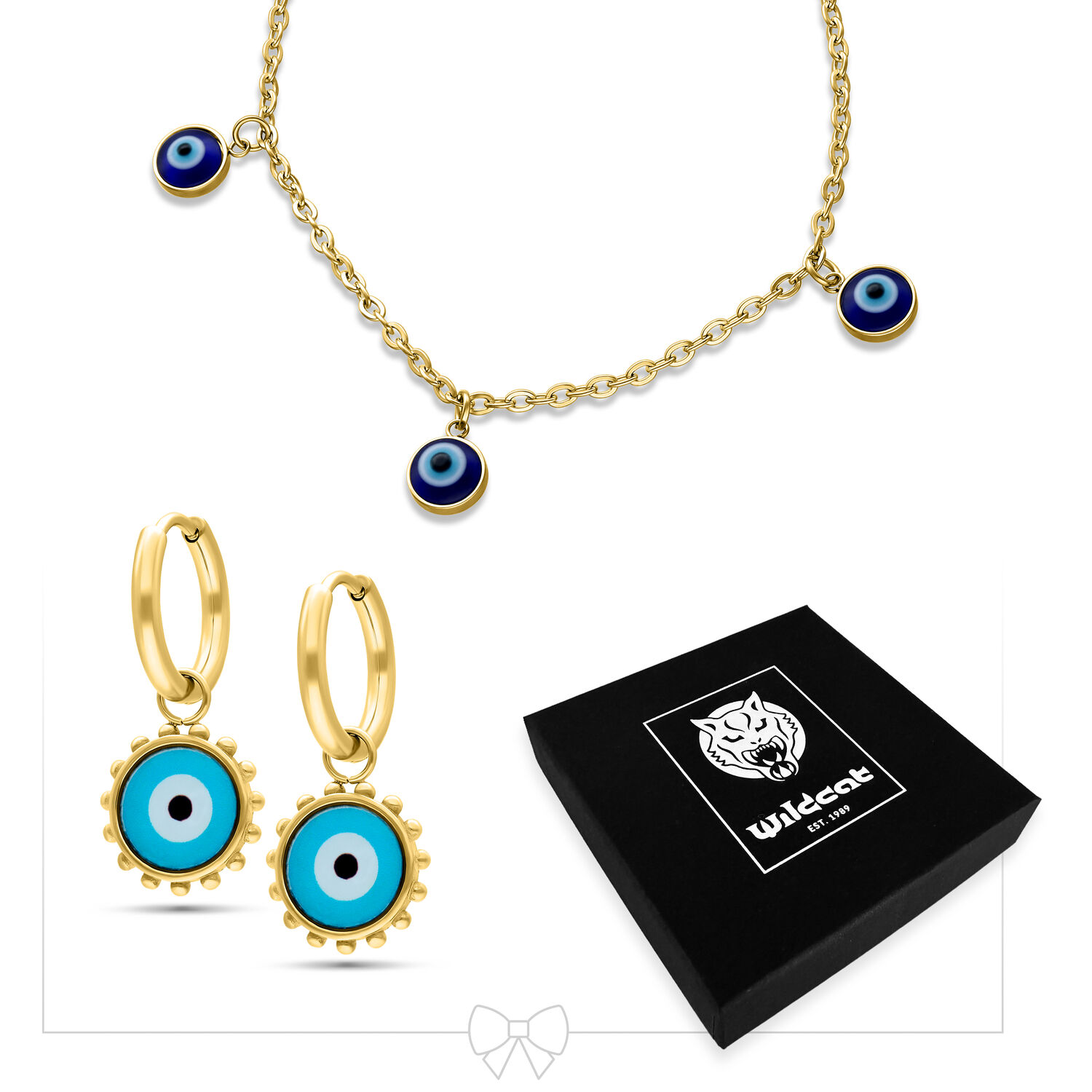 Kultainen kaulakoru Nazar-silmillä ja sopivat korvarenkaat, musta laatikko