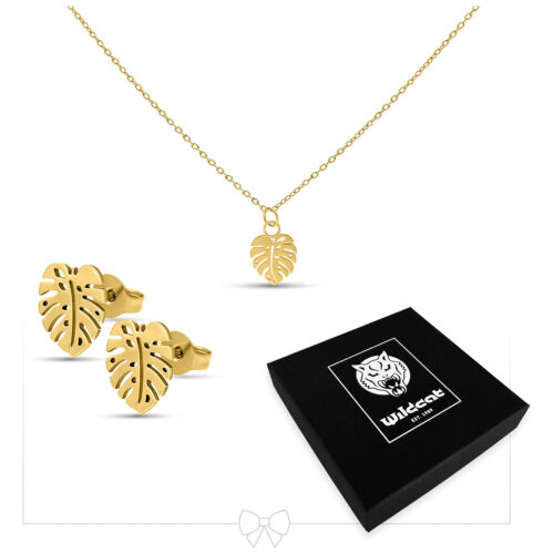 Kultaiset Monstera-korvakorut ja kaulakoru lehtiriipuksella mustan laatikon edessä