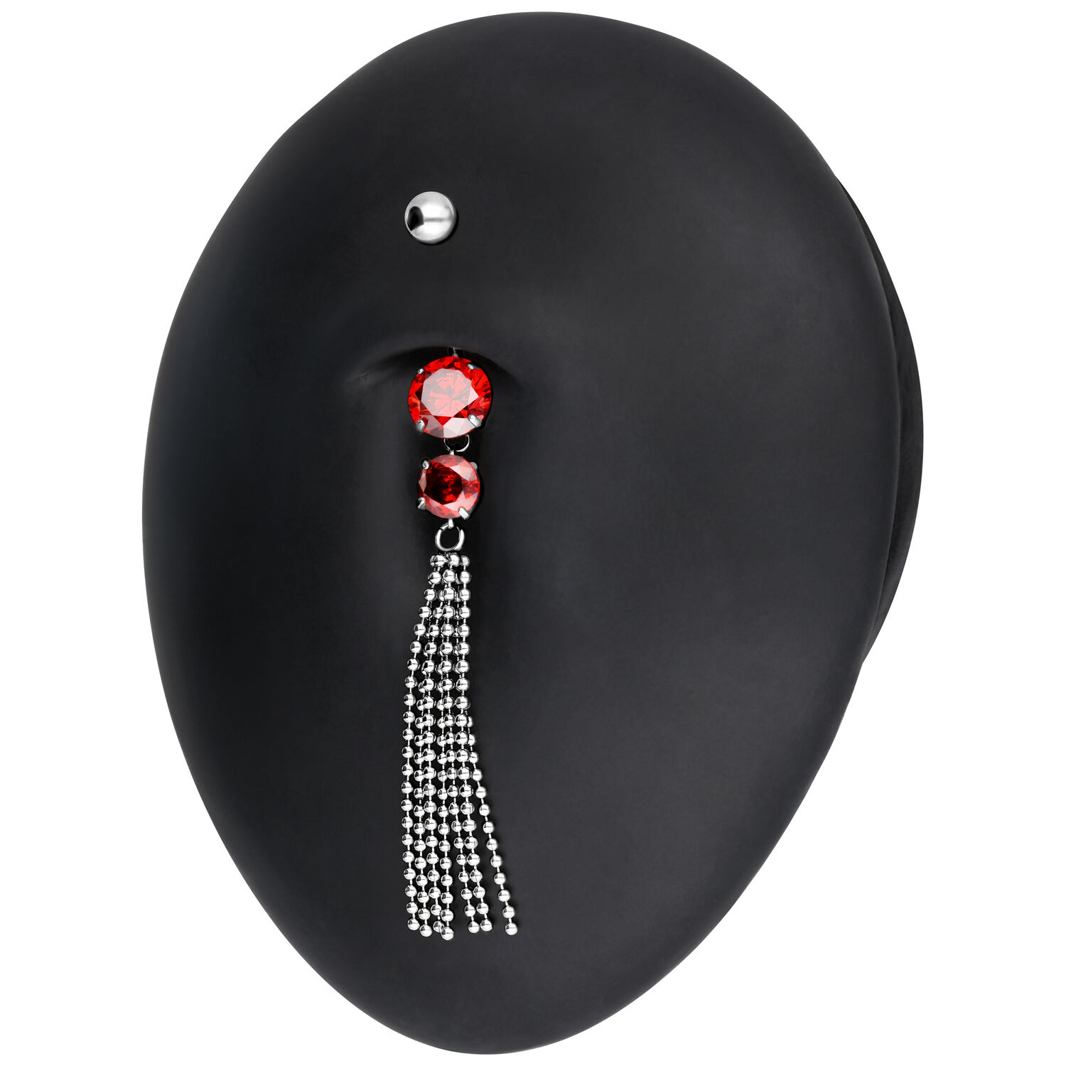 Hopeinen Bananabell punaisilla kristalleilla ja ketjuilla mustalla esittelyalustalla