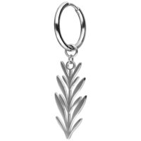 Hopeiset korvakorut, joissa yksityiskohtainen lehtiriipus valkoisella taustalla.