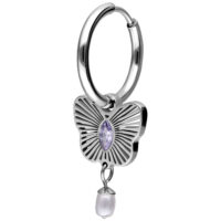 Hopeinen korvakoru perhosriipuksella ja violetilla kristallilla, roikkuva helmi