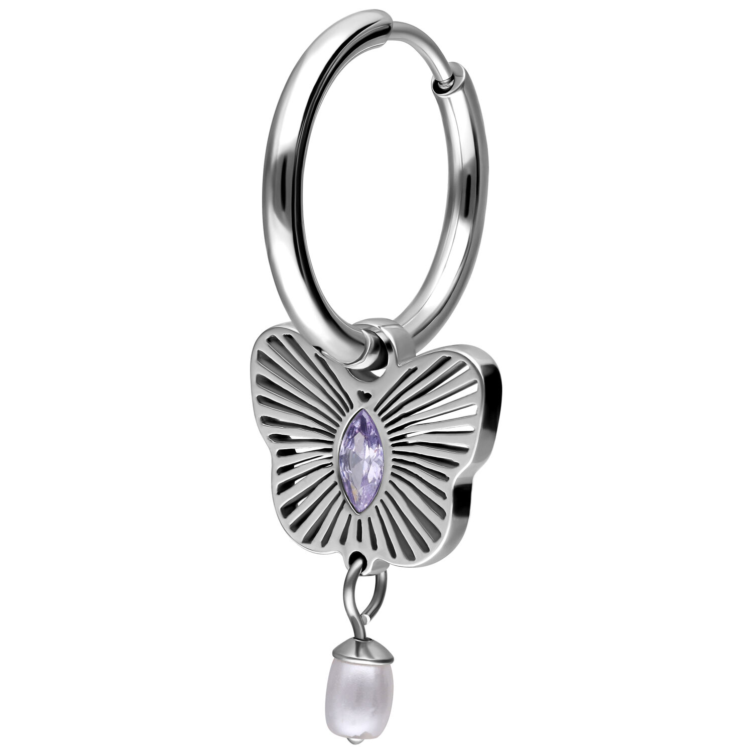 Hopeinen korvakoru perhosriipuksella ja violetilla kristallilla, roikkuva helmi